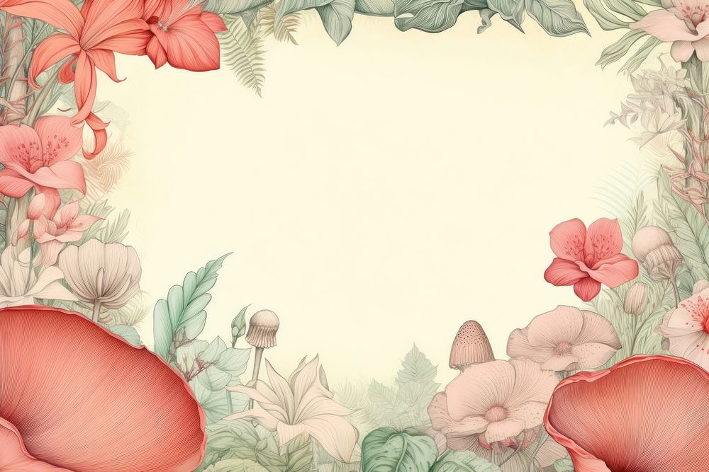 Realistic vintage drawing of mushroom border backgrounds pattern flower.
