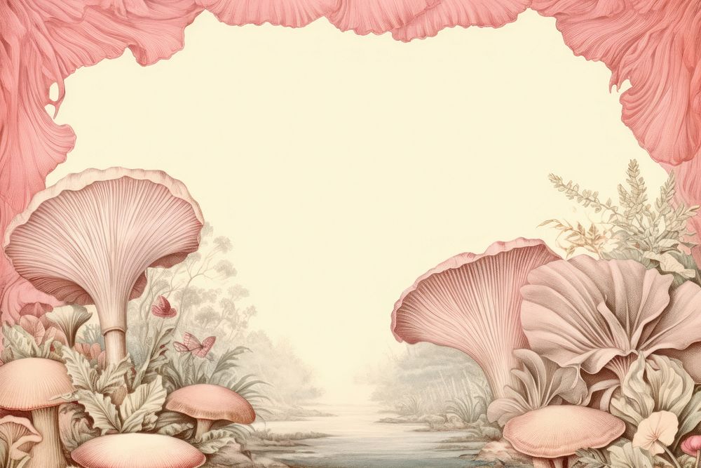 Realistic vintage drawing of mushroom border backgrounds flower sketch.