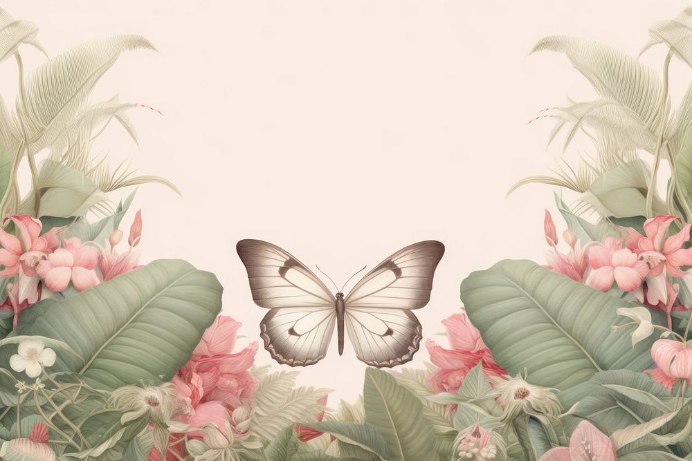 Realistic vintage drawing of moth border pattern flower sketch.