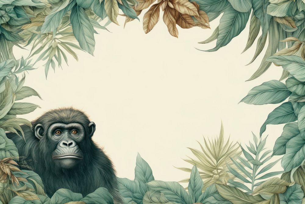 Realistic vintage drawing of ape border backgrounds wildlife outdoors.
