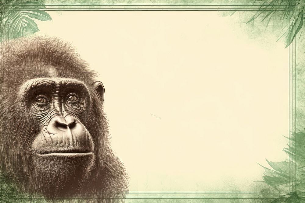Realistic vintage drawing of ape border wildlife monkey mammal.