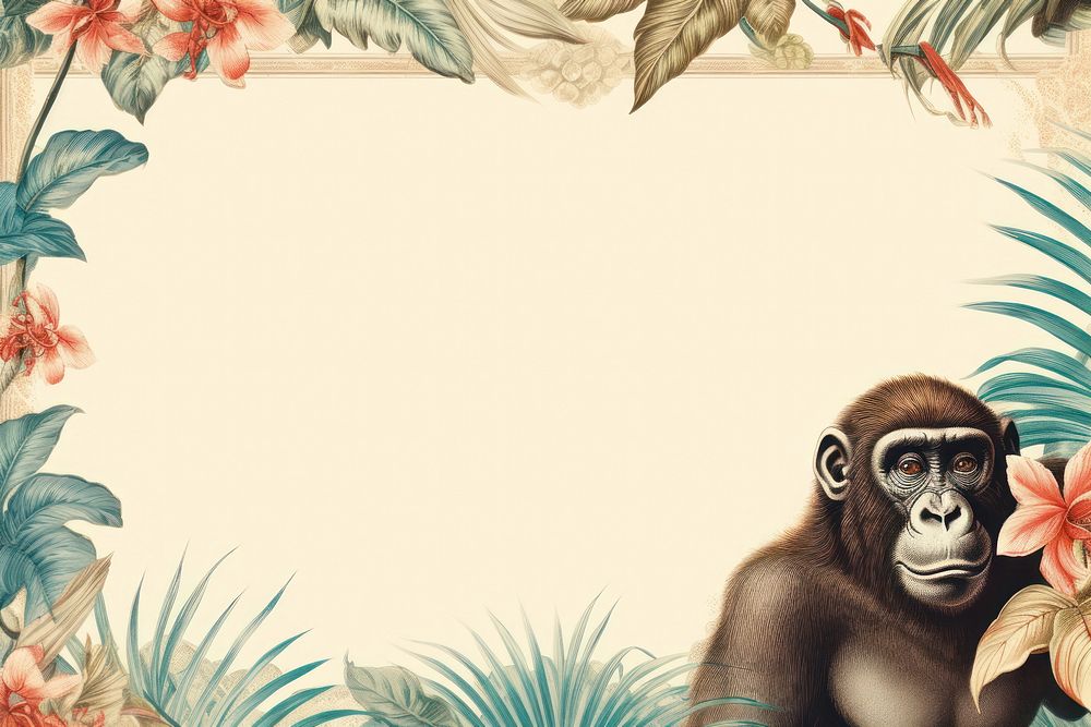 Realistic vintage drawing of ape border wildlife monkey animal.