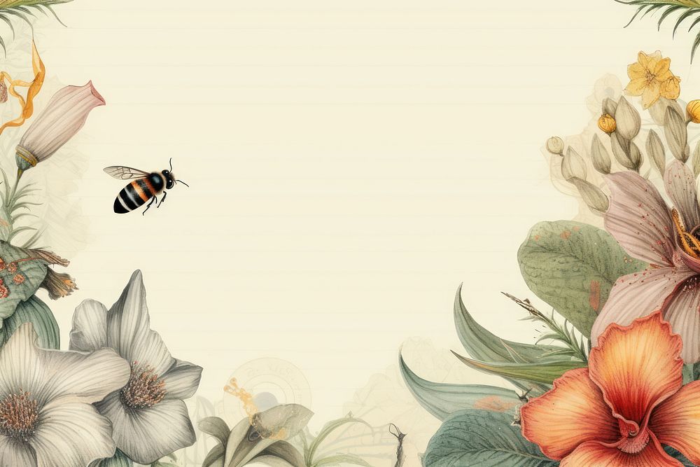 Realistic vintage drawing of bee border backgrounds pattern flower.