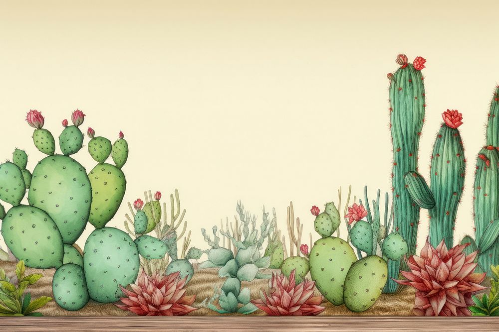 Realistic vintage drawing of cactus border plant pineapple outdoors.