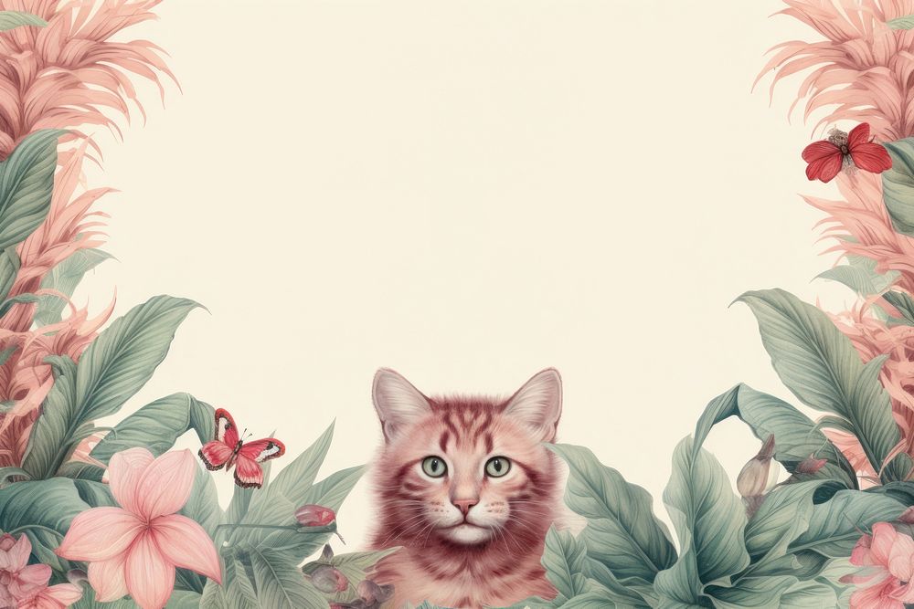 Realistic vintage drawing of cat border pattern animal mammal.