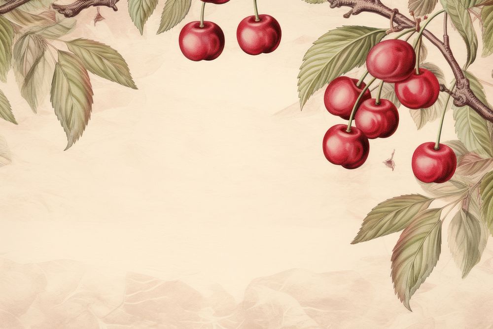 Realistic vintage drawing of cherry border backgrounds plant fruit.