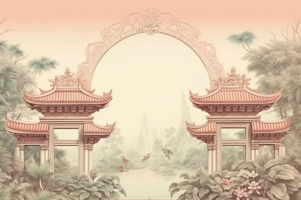 Chinese temple border sketch architecture drawing.