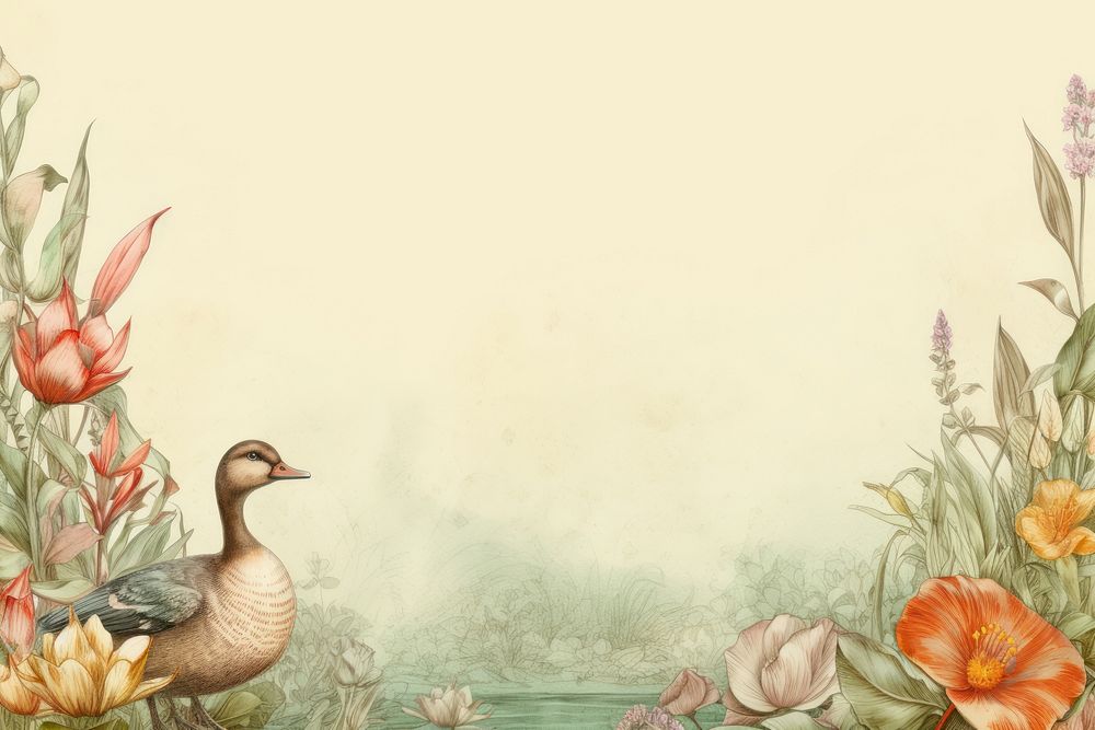 Realistic vintage drawing of duck border animal flower plant.