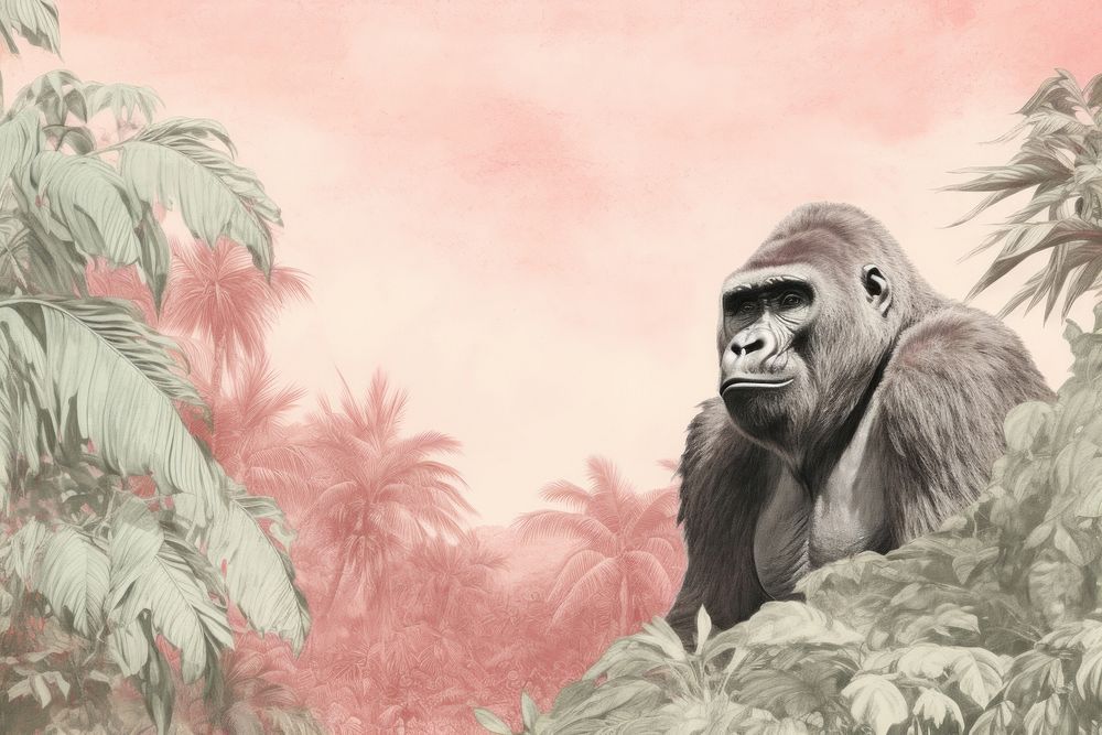 Realistic vintage drawing of Gorilla border gorilla wildlife monkey.