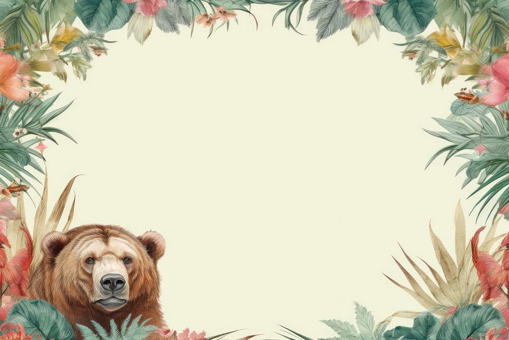 Realistic vintage drawing of Grizlly bear border backgrounds mammal plant.