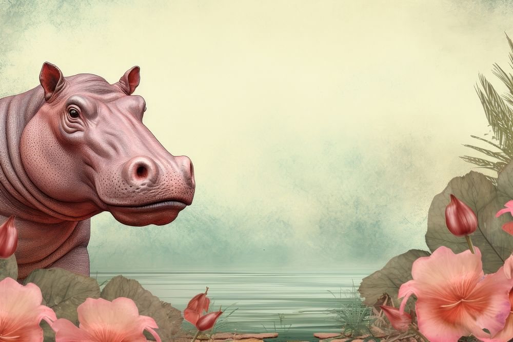 Realistic vintage drawing of Hippo border animal mammal hippo.