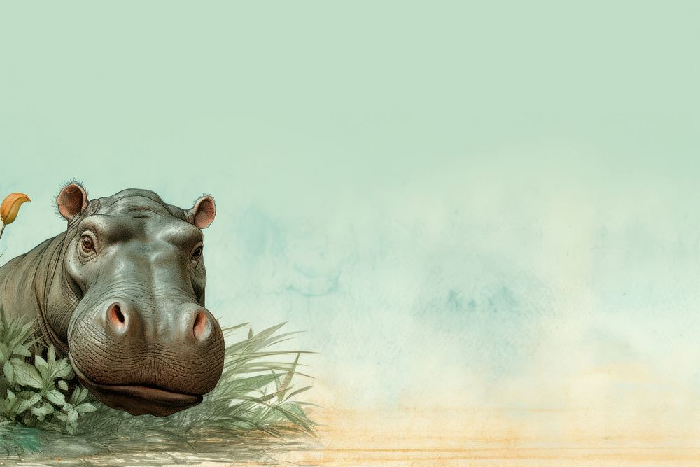 Realistic vintage drawing of Hippo border wildlife animal mammal.