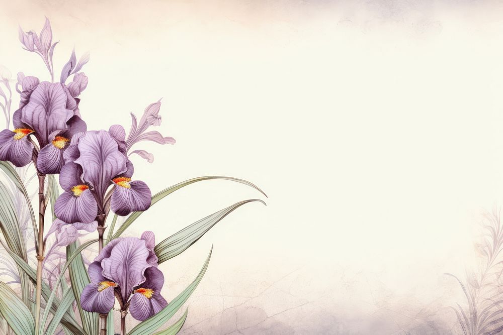Realistic vintage drawing of Iris border iris flower purple.
