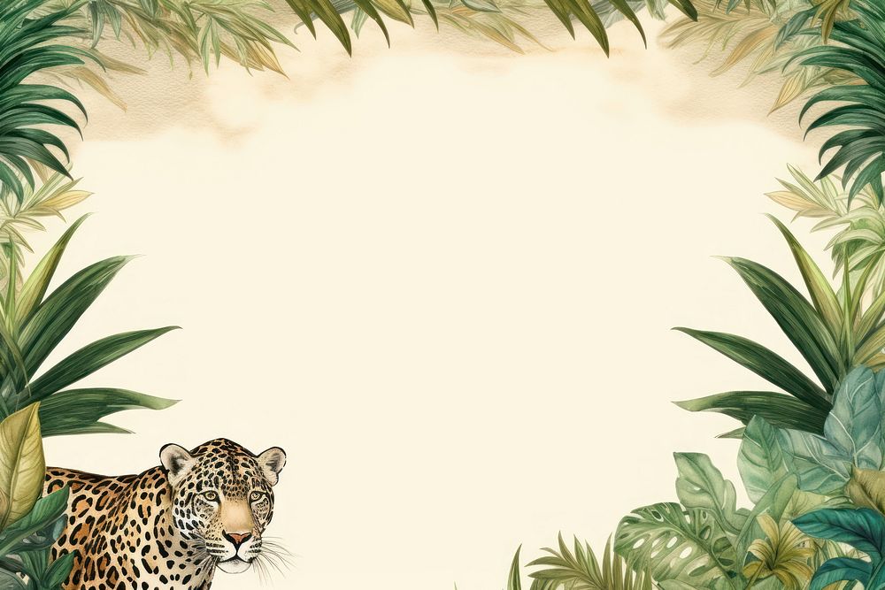 Realistic vintage drawing of Jaguar border backgrounds wildlife outdoors.