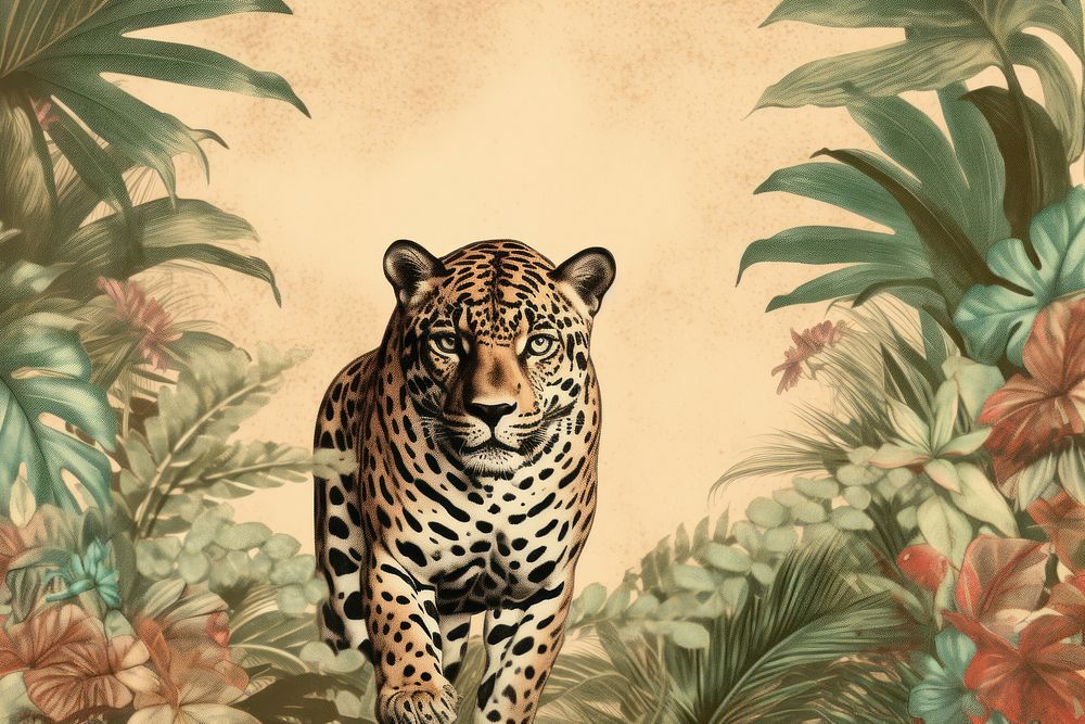 Realistic vintage drawing of Jaguar border wildlife outdoors leopard.