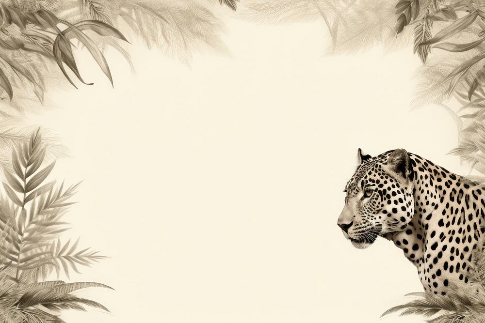 Realistic vintage drawing of leopard border wildlife animal mammal.