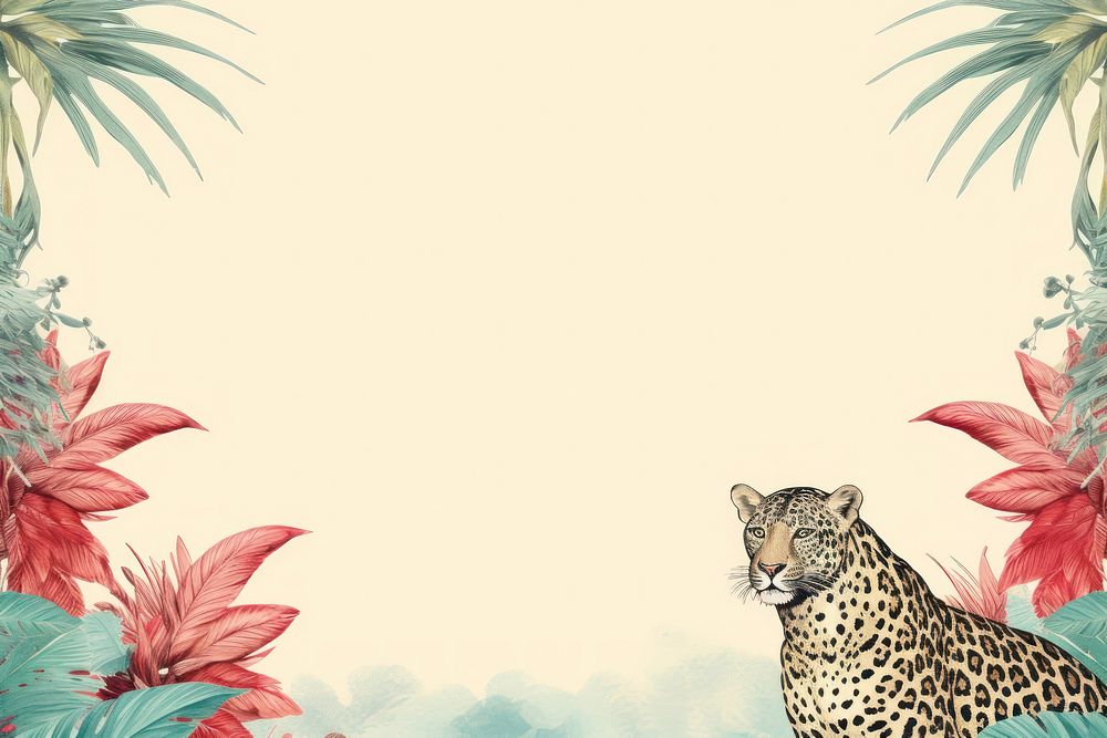 Realistic vintage drawing of leopard border backgrounds wildlife outdoors.