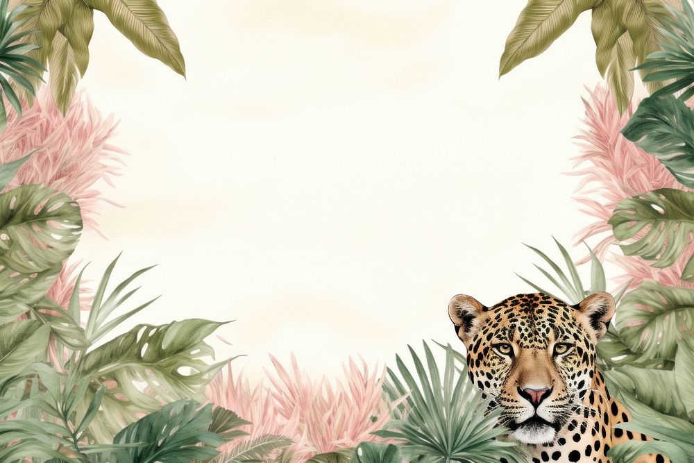 Realistic vintage drawing of leopard border backgrounds wildlife outdoors.