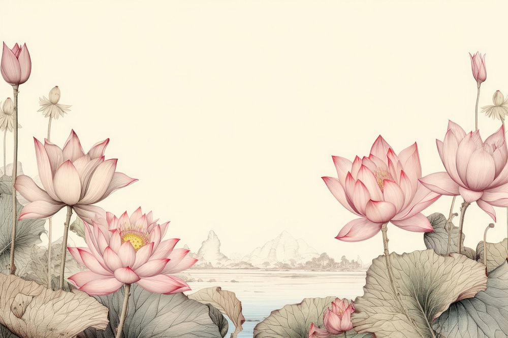 Realistic vintage drawing of lotus border flower sketch plant.