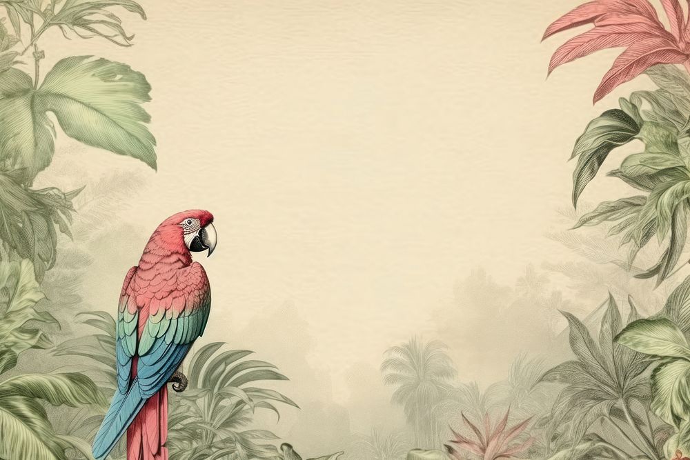 Realistic vintage drawing of parrot border animal nature sketch.