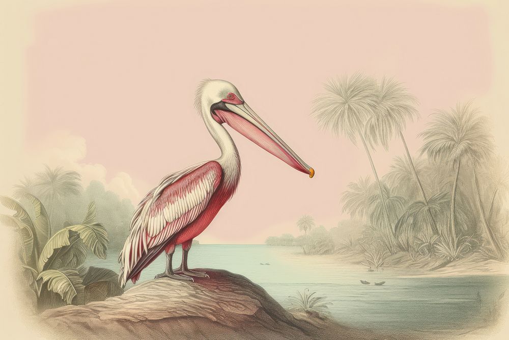 Realistic vintage drawing of pelican border sketch animal bird.