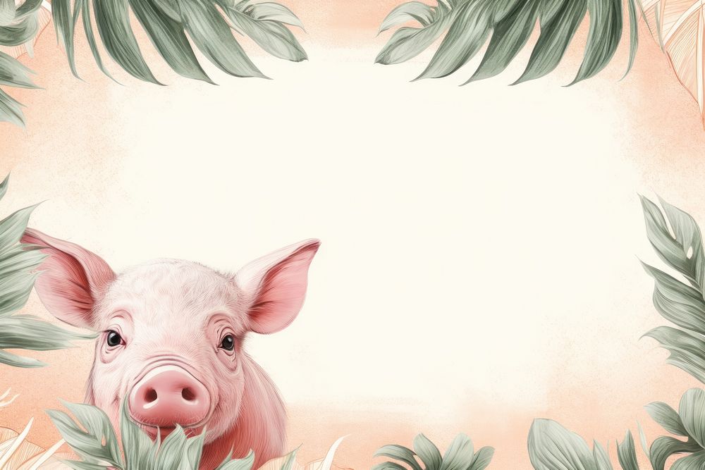 Realistic vintage drawing of pig border animal mammal portrait.