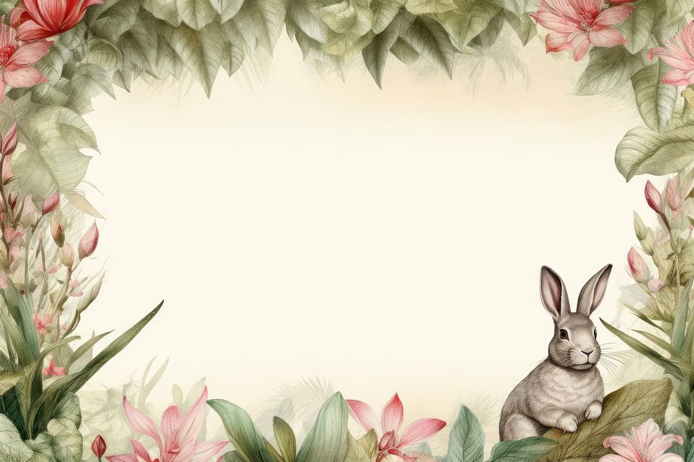 Realistic vintage drawing of rabbit border animal mammal flower.