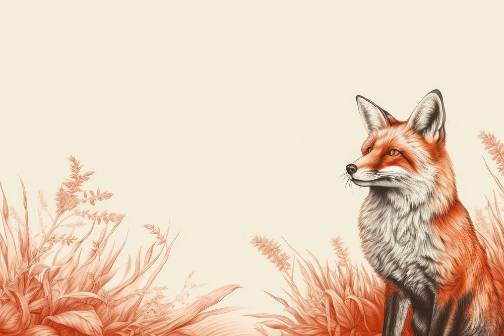 Realistic vintage drawing of red fox border wildlife animal mammal.