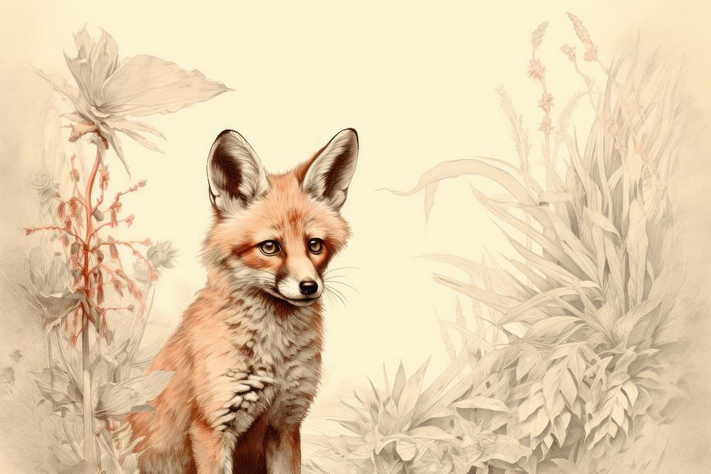 Realistic vintage drawing of red fox border wildlife animal mammal.