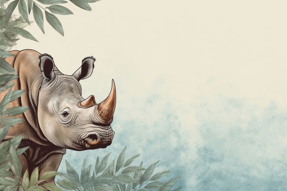 Realistic vintage drawing of rhino border wildlife animal mammal.