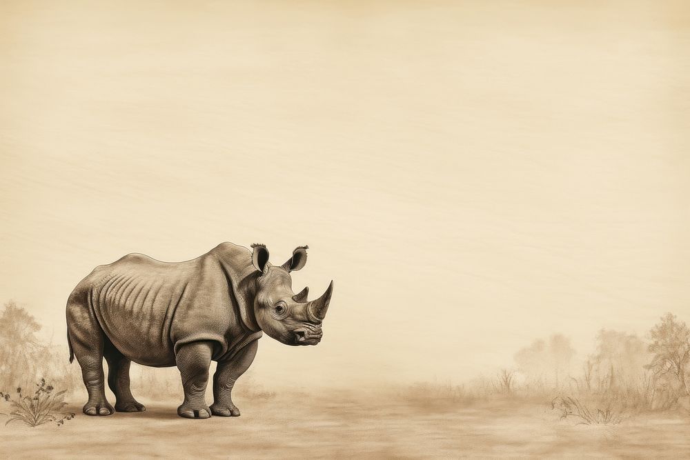 Realistic vintage drawing of rhino border wildlife elephant animal.