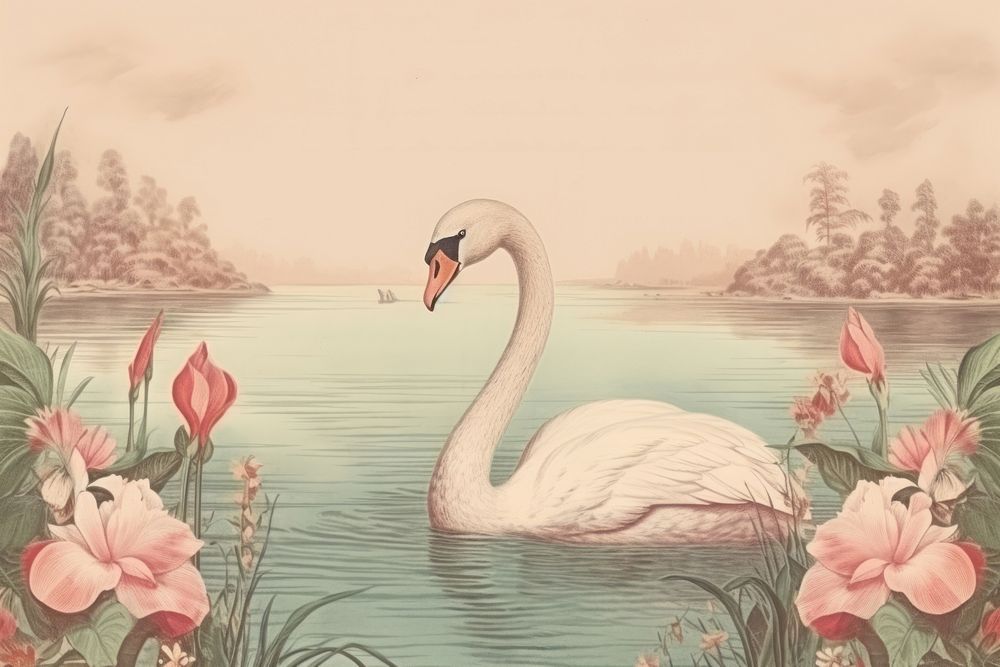 Realistic vintage drawing of swan border animal sketch bird.