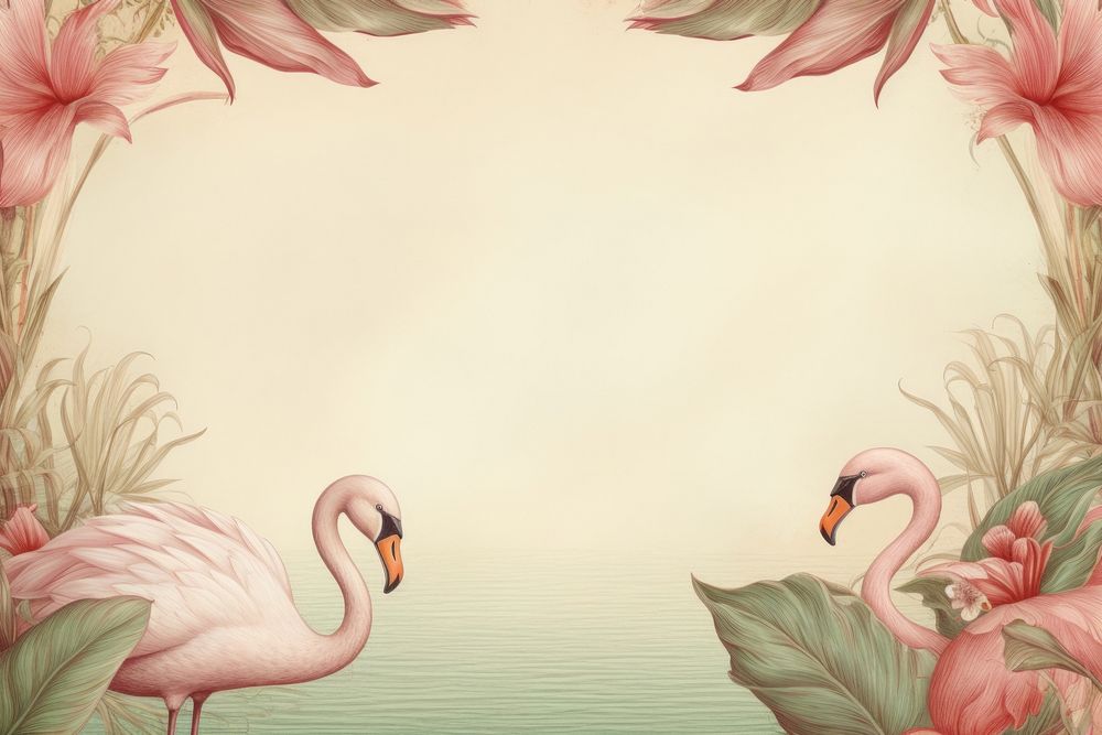 Realistic vintage drawing of swan border backgrounds flamingo bird.