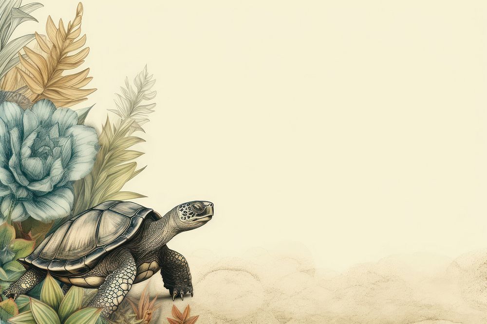 Realistic vintage drawing of turtle border backgrounds reptile animal.