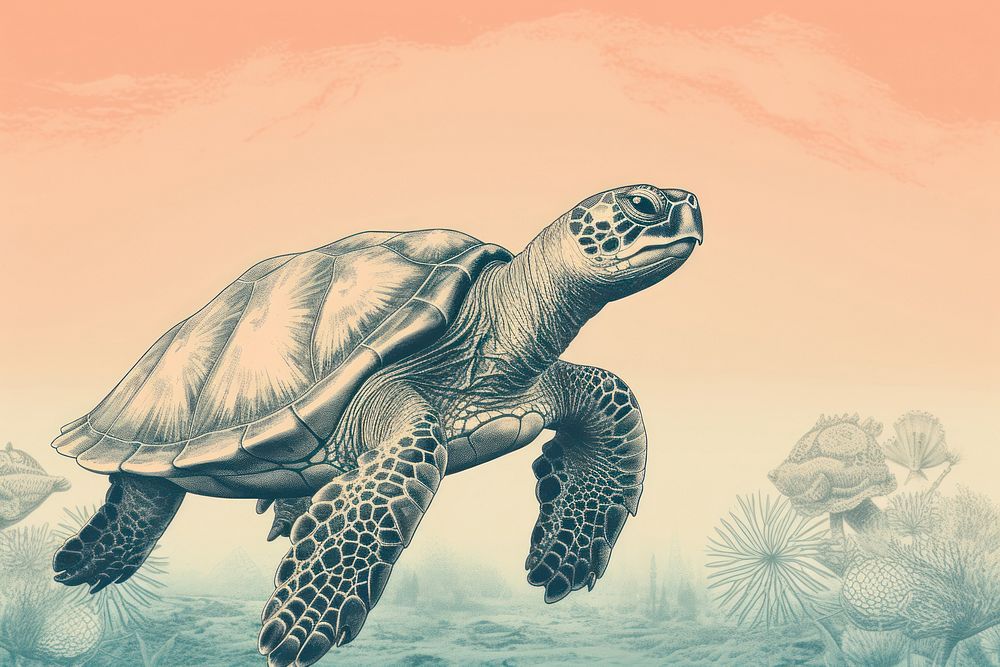 Realistic vintage drawing of turtle border reptile animal sketch.