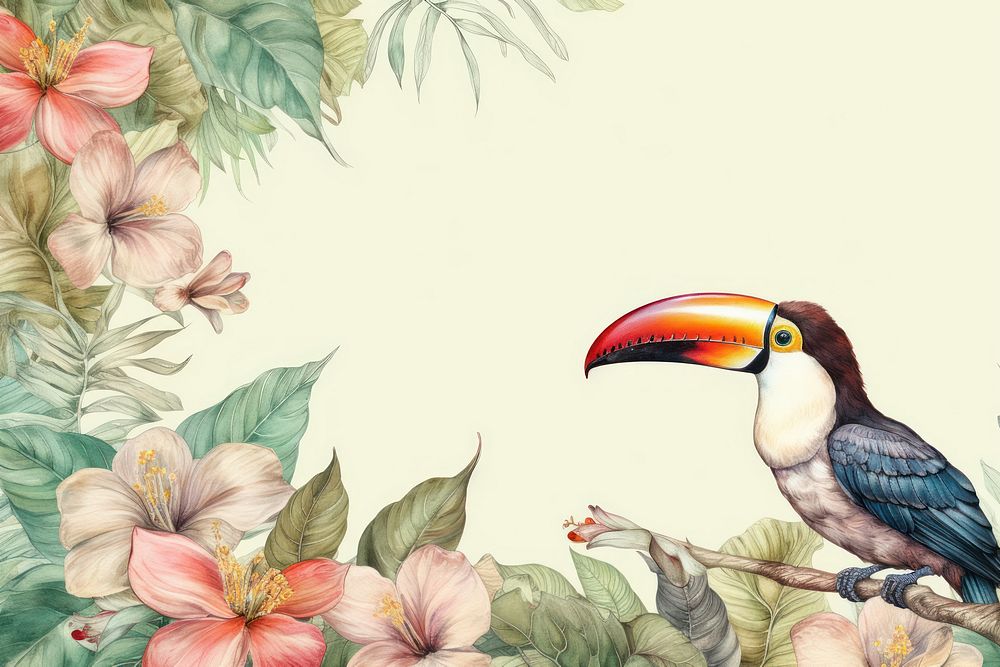 Realistic vintage drawing of toucan border animal bird wildlife.