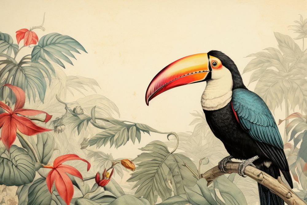 Realistic vintage drawing of toucan border animal plant bird.