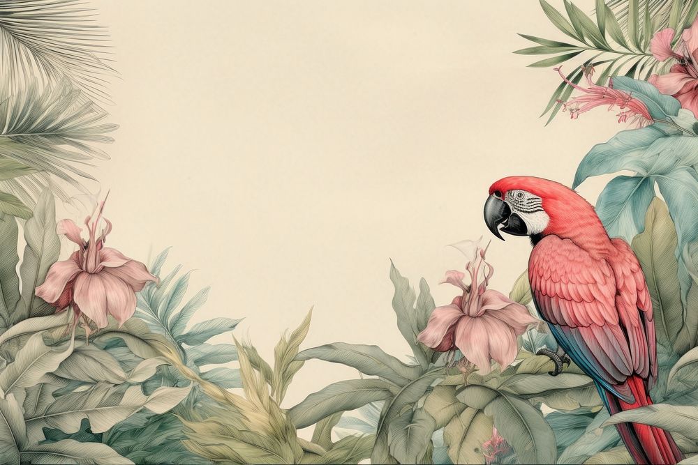 Realistic vintage drawing of Tropical bird border parrot animal sketch.