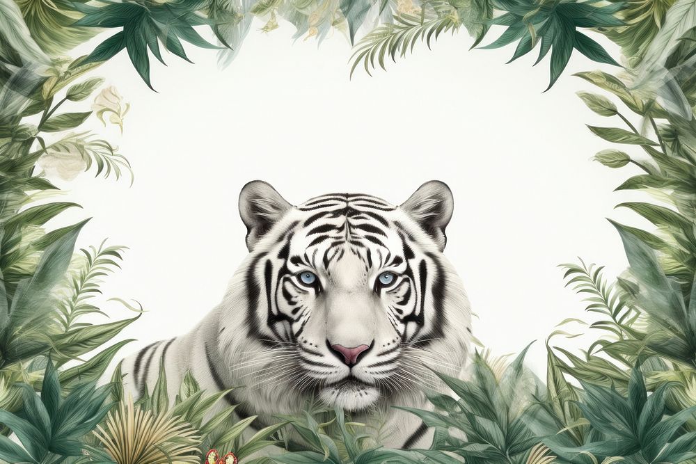 Realistic vintage drawing of white tiger border wildlife outdoors animal.