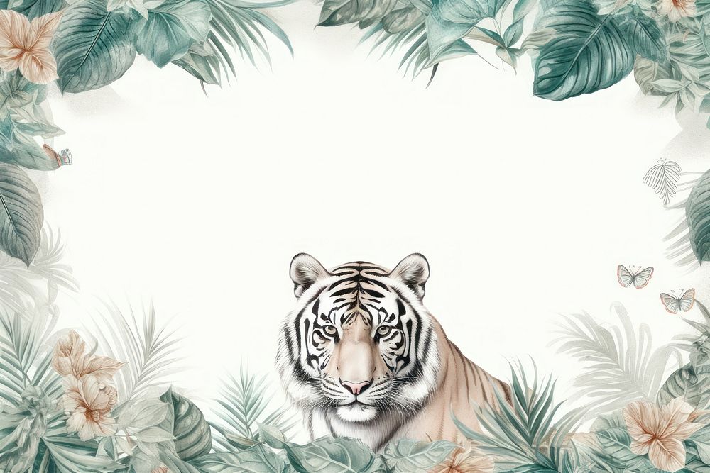 Realistic vintage drawing of white tiger border backgrounds wildlife animal.