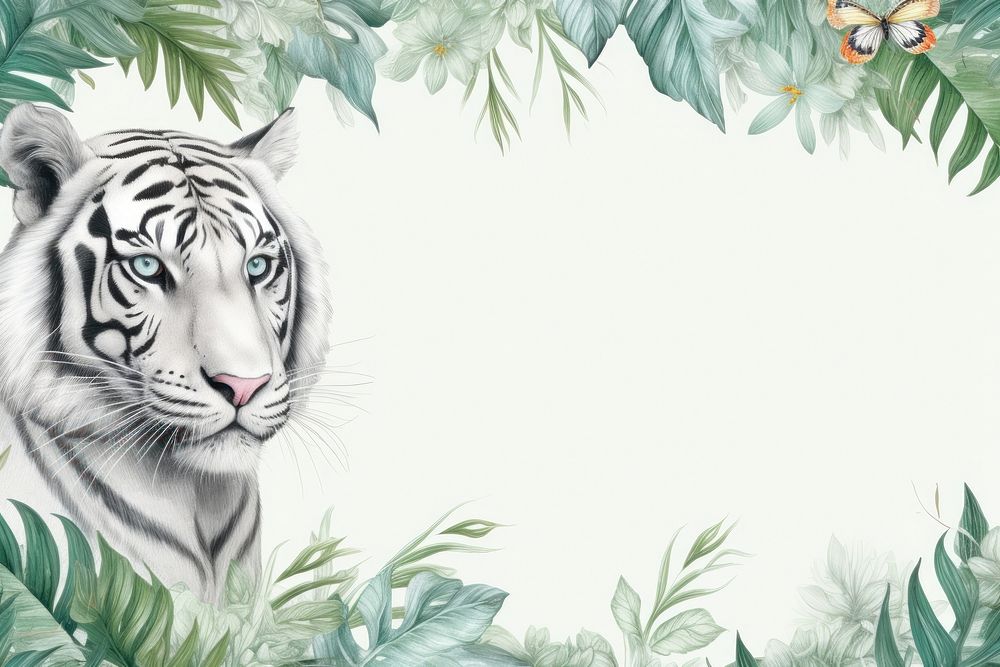 Realistic vintage drawing of white tiger border backgrounds wildlife outdoors.
