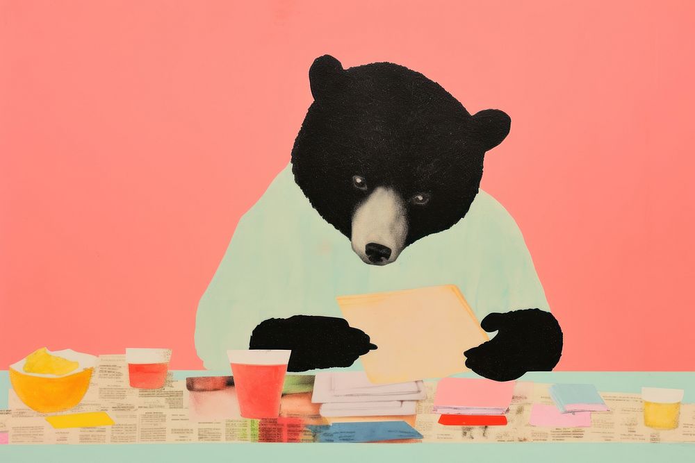 Bear risograph printing paper collage illustration. AI generated Image by rawpixel.