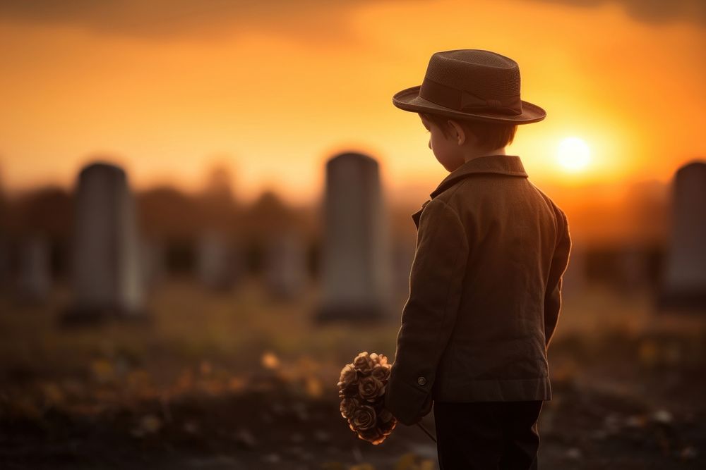 Sad little child boy in hat standing on cemetery at sunset tombstone outdoors adult.