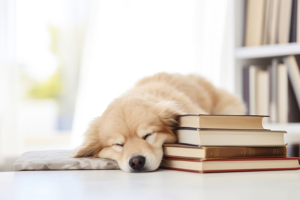 Books on desk sleeping dog publication. AI generated Image by rawpixel.