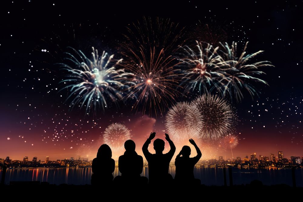 Silhouettes of people watching fireworks in the night sky silhouette outdoors adult.