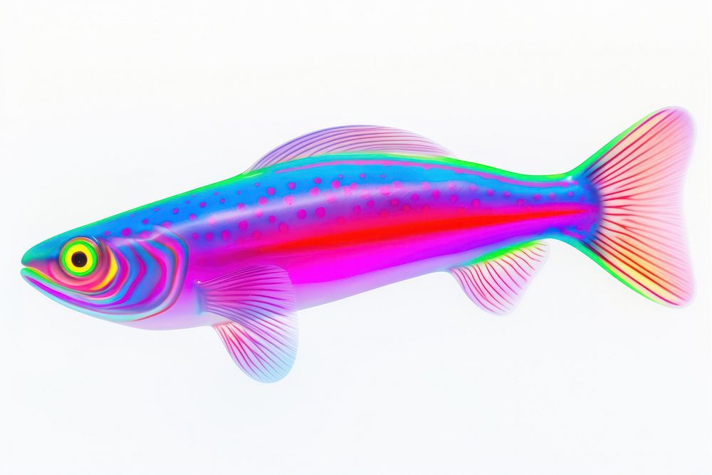 Surrealistic painting of neon fish animal white background underwater.