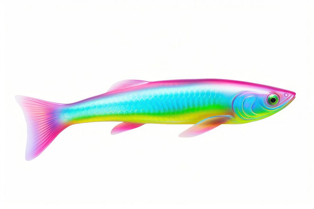 Surrealistic painting of neon fish seafood animal white background.