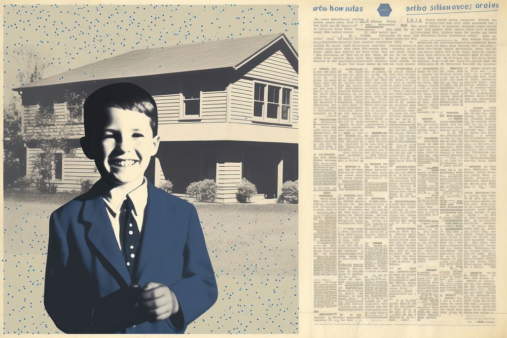 A boy smiling newspaper text portrait.