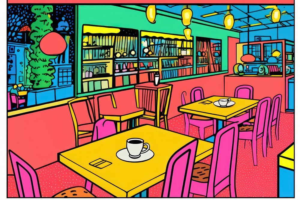 Comic of empty cafe architecture restaurant furniture.
