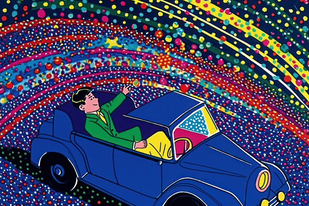 Comic of man driving a car cartoon illuminated creativity.